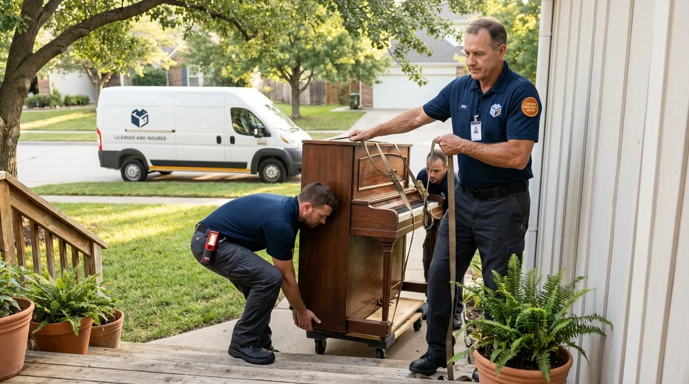 Licensed piano movers securing grand piano in Woodbury, NJ