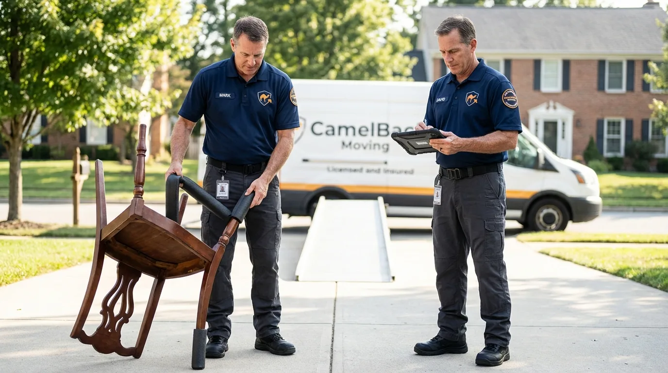 Movers inspecting furniture for damage prevention before loading in Woodbury, NJ