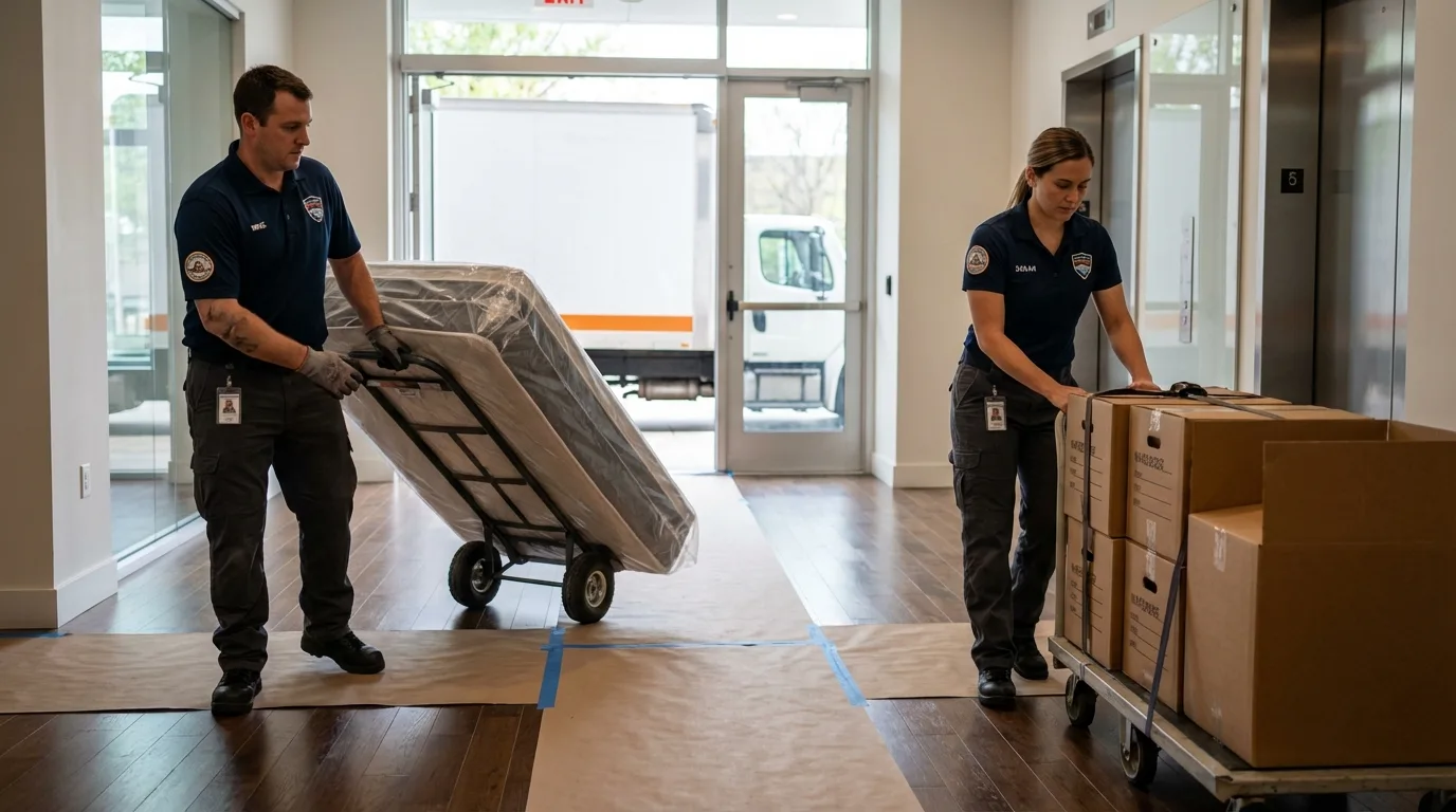 Professional apartment movers loading elevator in Woodbury, NJ