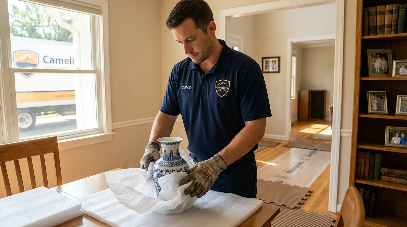 Professional crew carefully wrapping antique vase for senior downsizing move in Woodbury, NJ
